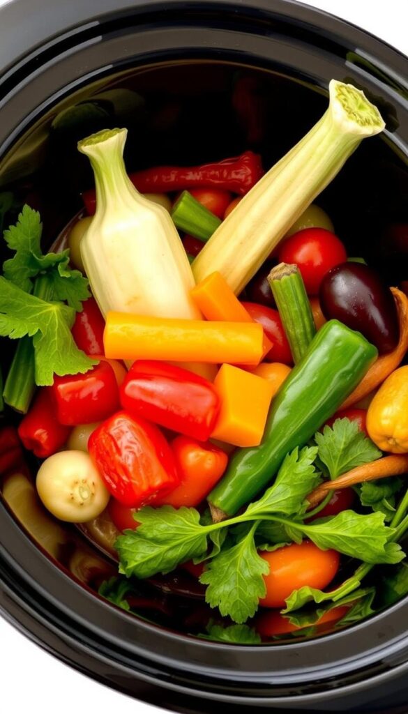 Image of a slow cooker with a variety of vegetables