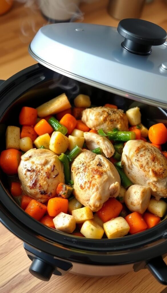 Image of a slow cooker with chicken and vegetables