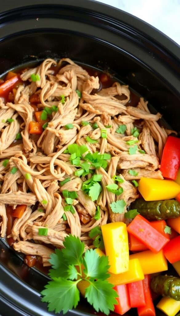 Image of a slow cooker with tender pork meal
