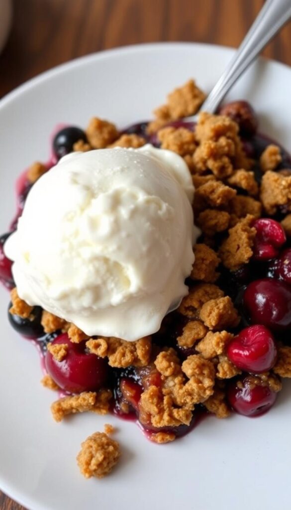 Image of a warm berry crisp with a scoop of vanilla ice cream