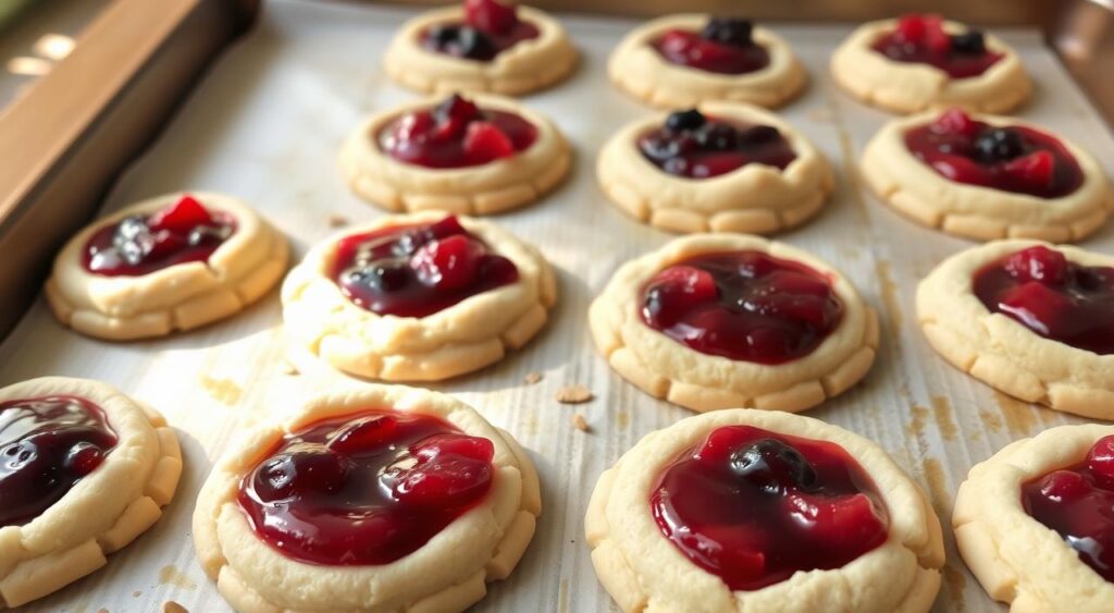 Image of almond flour thumbprint cookies filled with fruit preserves on a baking sheet