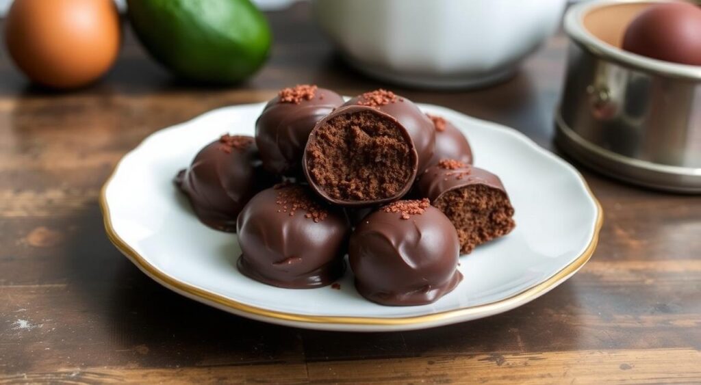 Image of dark chocolate avocado truffles on a serving plate