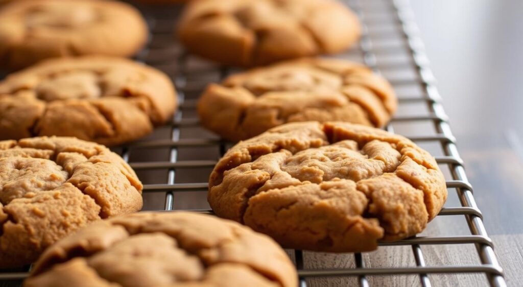 Image of gluten-free gingersnap cookies on a wire rack, with a warm glow to highlight their texture