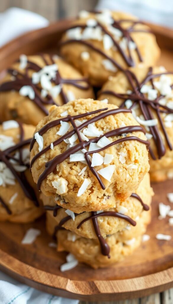 Image of healthy no-bake cookies made with peanut butter, coconut, and chocolate