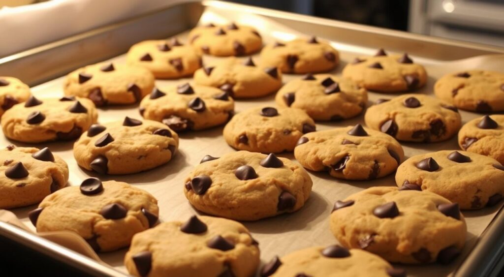 Image of tahini chocolate chip cookies on a baking sheet