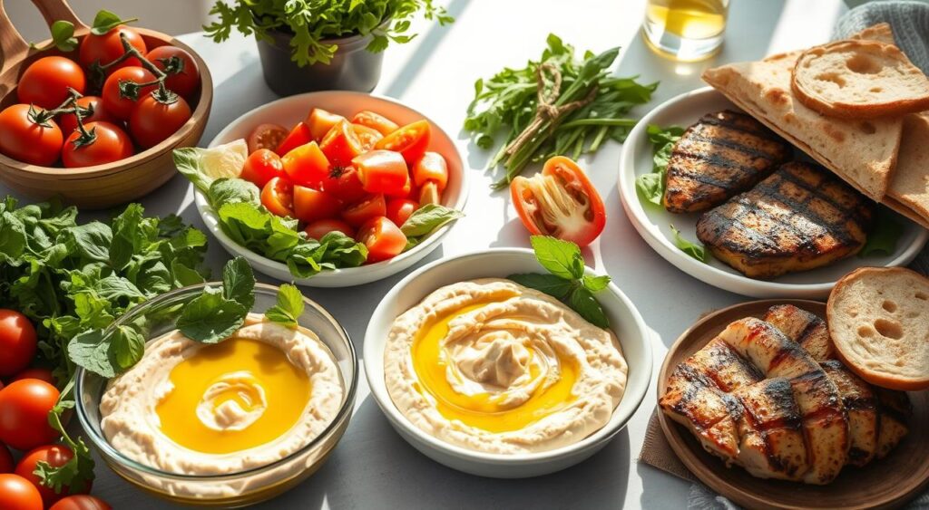Mouthwatering Mediterranean diet meal prep: A sun-drenched table showcases an array of vibrant, fresh ingredients - crisp leafy greens, juicy tomatoes, creamy hummus, and succulent grilled chicken. Warm, toasted pita bread and a drizzle of olive oil complete the scene. Soft natural lighting illuminates the scene, casting a cozy, inviting atmosphere. The composition is carefully balanced, with the main dishes taking center stage and complementary elements thoughtfully arranged around them. This visually appealing and nutritious spread embodies the heart-healthy principles of the Mediterranean diet, ready to nourish and delight.