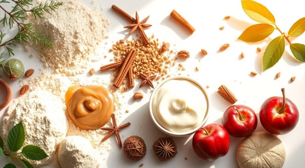 Pristine organic ingredients bathed in warm, natural light. A crisp white background showcases an arrangement of whole grain flours, fragrant spices, creamy nut butters, and vibrant fruits. Carefully positioned to highlight their purity and nutritional value. Soft shadows and a shallow depth of field draw the eye to the essential elements of healthy holiday baking. The composition conveys a sense of rustic elegance, inviting the viewer to explore the bounty of wholesome, flavorful options available for festive, guilt-free indulgence.