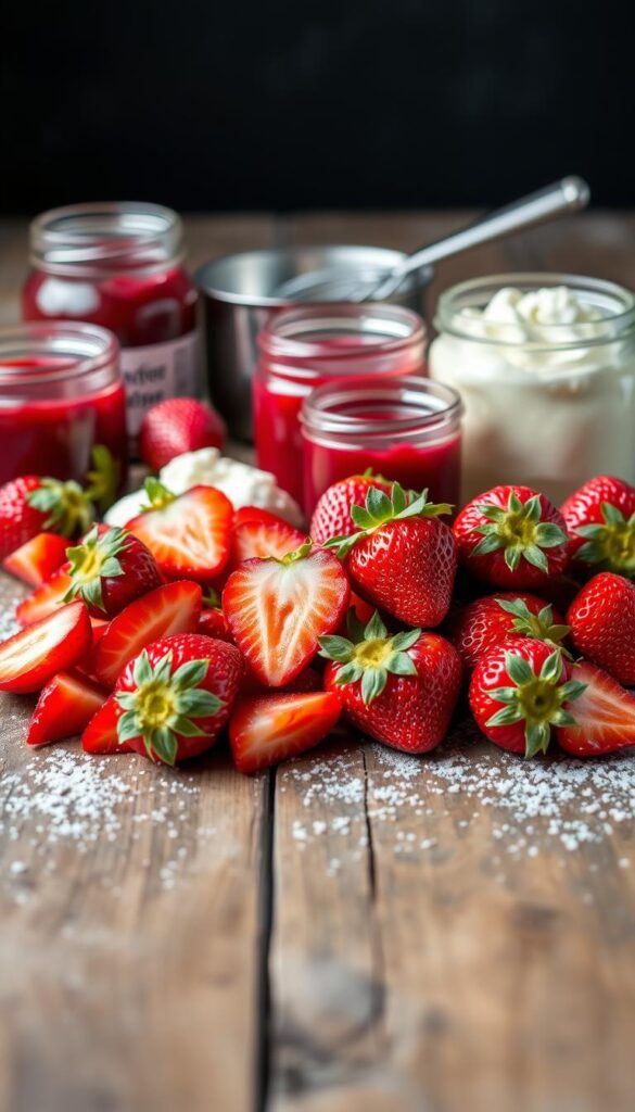 Vibrant close-up photograph of an assortment of fresh strawberry filling ingredients arranged on a rustic wooden surface. In the foreground, plump, ruby-red strawberries are sliced and scattered, their juicy flesh glistening. Surrounding the berries are glass jars filled with creamy white mascarpone cheese, smooth strawberry jam, and a dusting of powdery confectioner's sugar. The middle ground features a small saucepan and whisk, hinting at the easy preparation process. Soft, natural lighting casts a warm, inviting glow, heightening the appetizing allure of the scene. The overall composition emphasizes the simplicity and quality of the homemade filling components.